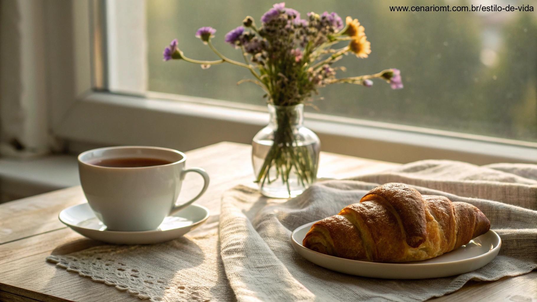 Cena acolhedora de café da manhã com um croissant fresco, uma xícara de chá e um vaso de flores em uma mesa, cercada pela luz suave da manhã.