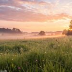 Amanhecer sereno em um campo verde com gotas de orvalho brilhando ao sol, simbolizando um novo começo para a terça-feira.
