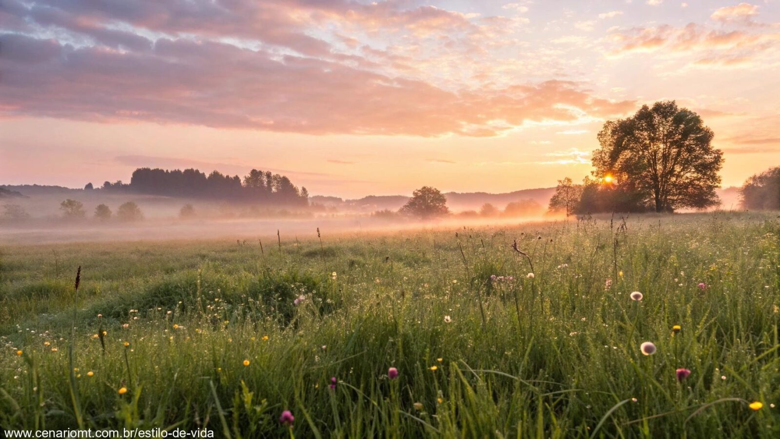 Amanhecer sereno em um campo verde com gotas de orvalho brilhando ao sol, simbolizando um novo começo para a terça-feira.