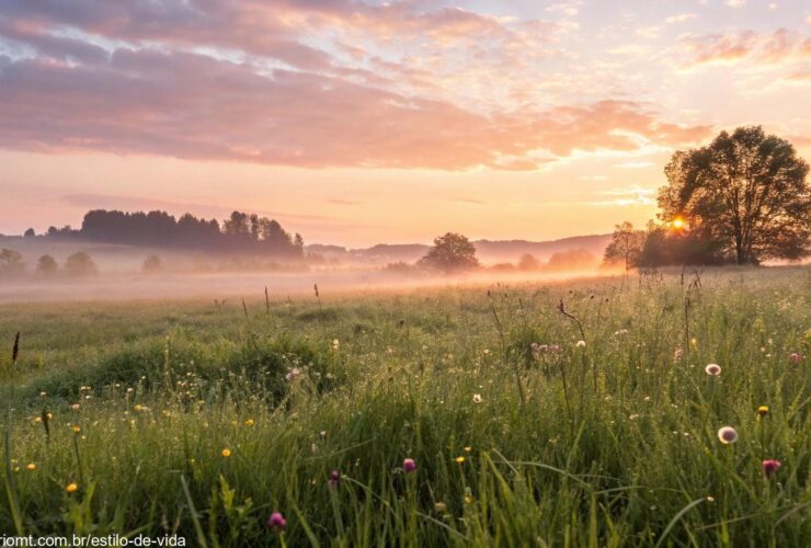 Amanhecer sereno em um campo verde com gotas de orvalho brilhando ao sol, simbolizando um novo começo para a terça-feira.