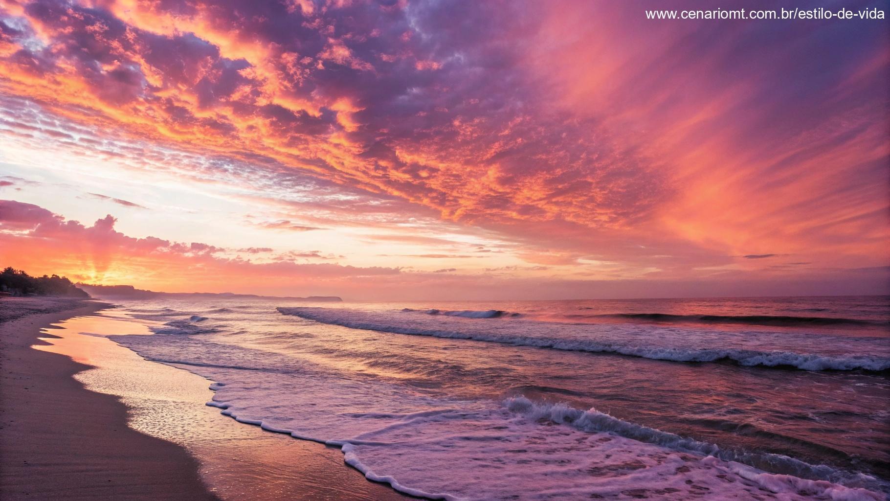 Um amanhecer vibrante sobre uma praia calma, com ondas suaves tocando a areia e o céu pintado em tons de rosa, laranja e roxo. O clima da manhã é acolhedor e positivo.