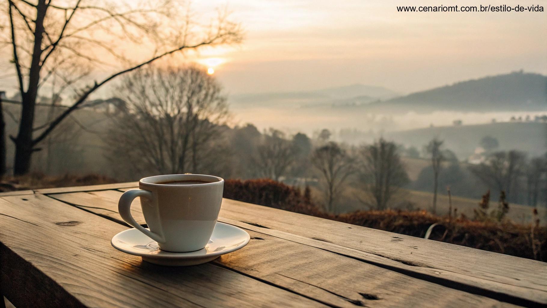 Imagem acolhedora de uma xícara de café sobre uma mesa de madeira com luz suave da manhã ao fundo, transmitindo a sensação de um ótimo começo de dia.