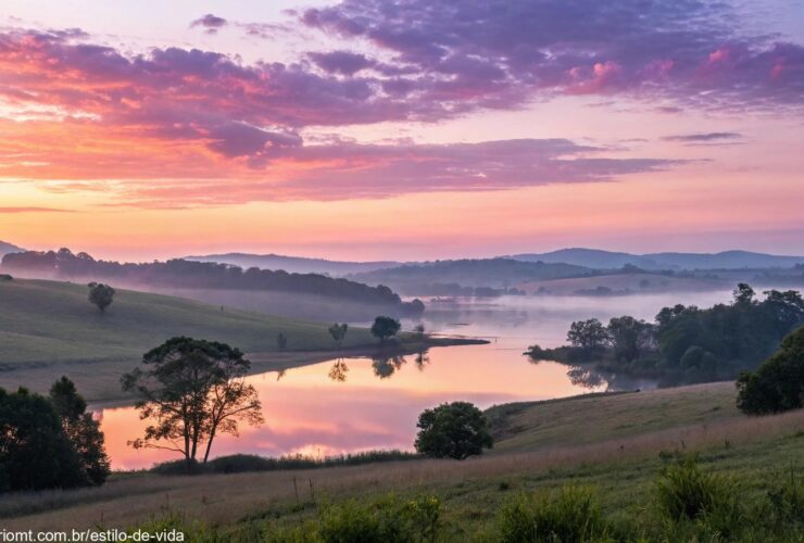 Imagem de um amanhecer tranquilo sobre uma paisagem serena, com cores suaves e uma atmosfera calma, evocando sentimentos de inspiração e paz.