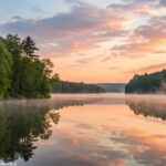 um nascer do sol sereno sobre um lago calmo com nuvens suaves refletindo na água, cercado por árvores verdes exuberantes e uma névoa gentil subindo da superfície