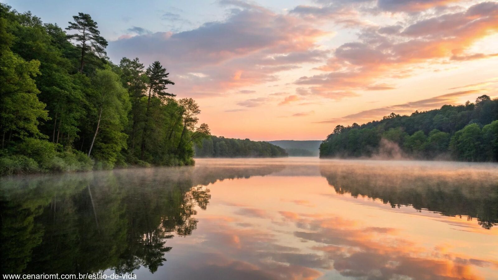 um nascer do sol sereno sobre um lago calmo com nuvens suaves refletindo na água, cercado por árvores verdes exuberantes e uma névoa gentil subindo da superfície