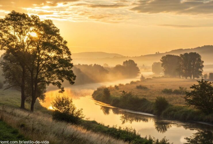 imagem de uma manhã tranquila com o sol dourado iluminando uma paisagem serena