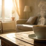 Cena tranquila de manhã com uma xícara de café sobre a mesa, luz do sol entrando pela janela.