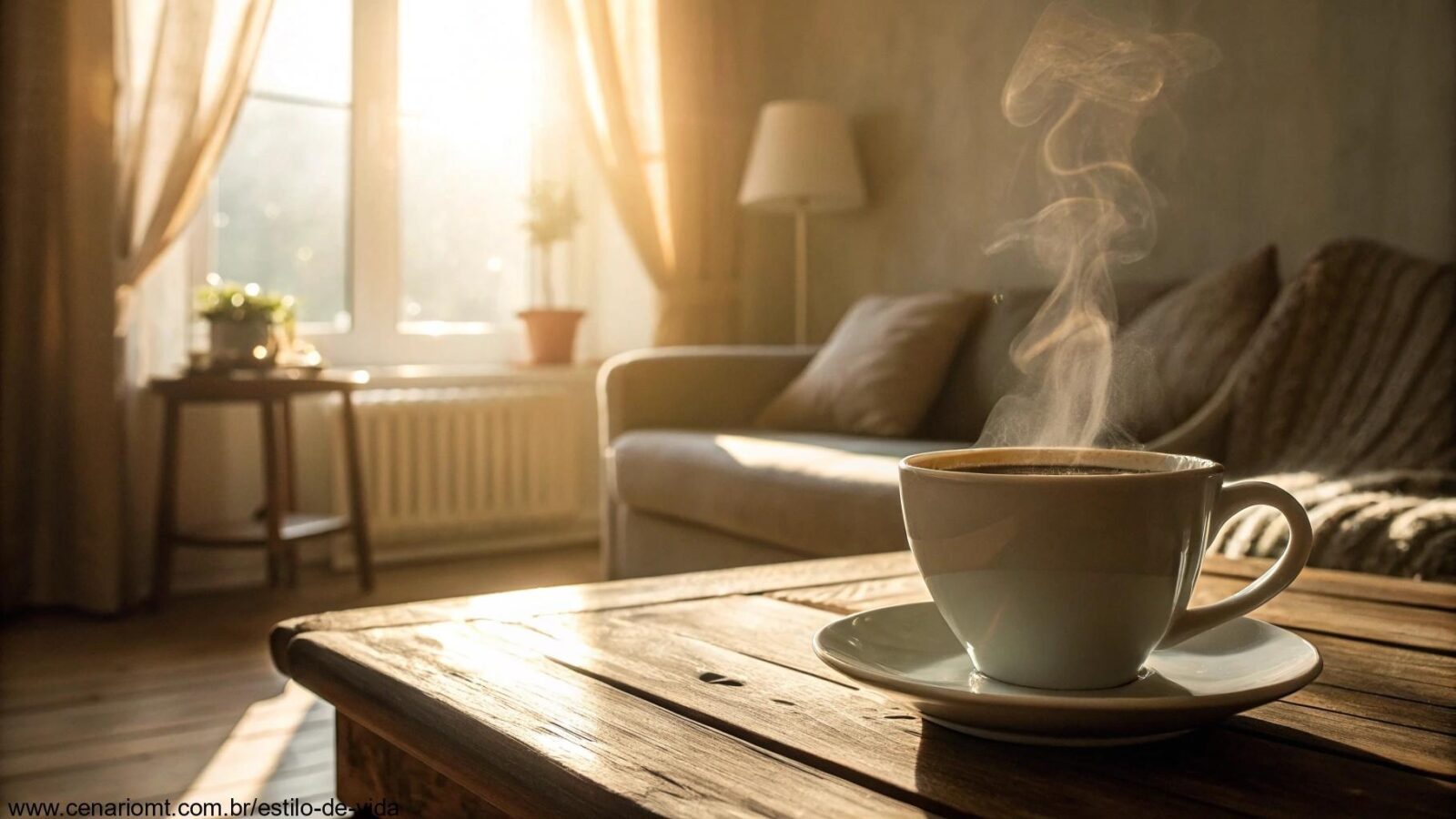 Cena tranquila de manhã com uma xícara de café sobre a mesa, luz do sol entrando pela janela.