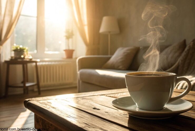 Cena tranquila de manhã com uma xícara de café sobre a mesa, luz do sol entrando pela janela.