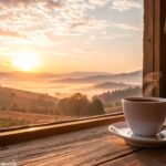 Cena de manhã ensolarada com uma xícara de café e luz dourada entrando pela janela.