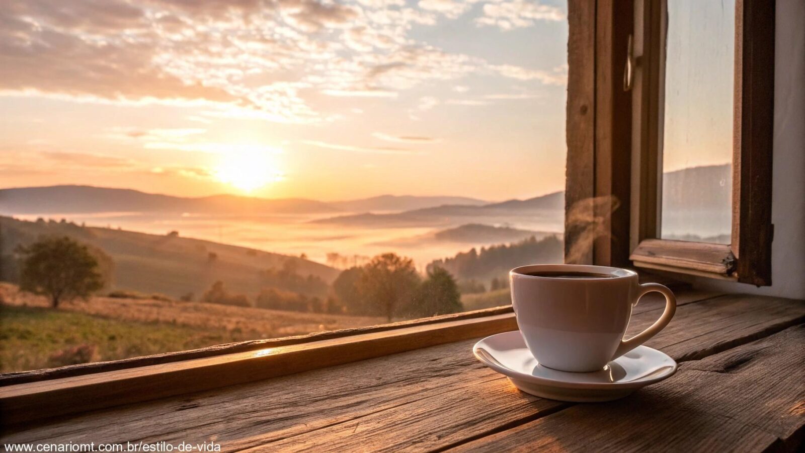 Cena de manhã ensolarada com uma xícara de café e luz dourada entrando pela janela.