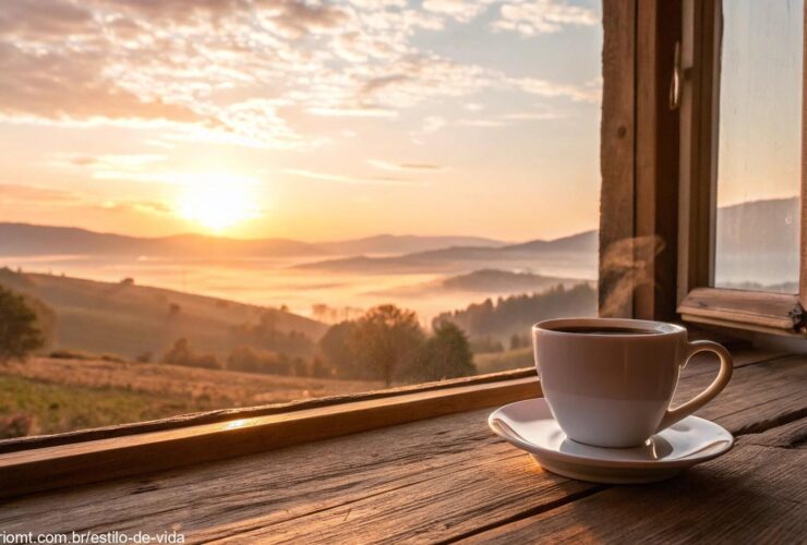 Cena de manhã ensolarada com uma xícara de café e luz dourada entrando pela janela.