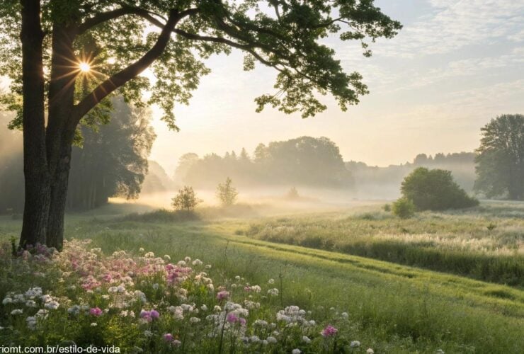 Cena serena de manhã com raios de sol suave iluminando as árvores, flores e uma brisa leve.