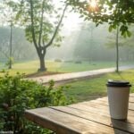 Cena tranquila de manhã com luz suave filtrando pelas árvores em um parque calmo, com uma xícara de café sobre uma mesa de madeira, cercada por vegetação.