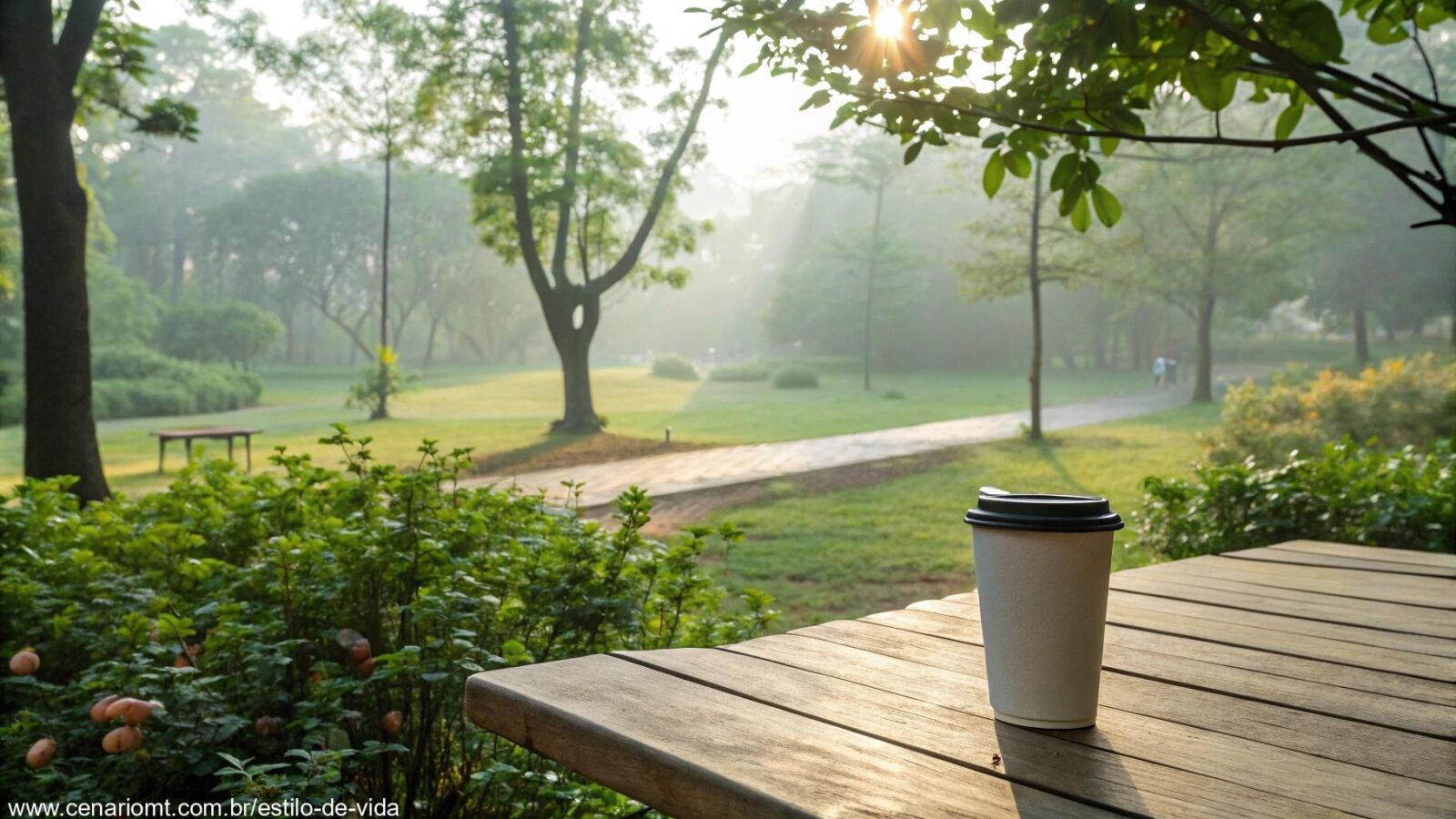 Cena tranquila de manhã com luz suave filtrando pelas árvores em um parque calmo, com uma xícara de café sobre uma mesa de madeira, cercada por vegetação.