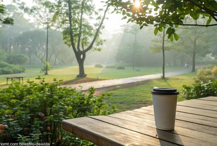 Cena tranquila de manhã com luz suave filtrando pelas árvores em um parque calmo, com uma xícara de café sobre uma mesa de madeira, cercada por vegetação.