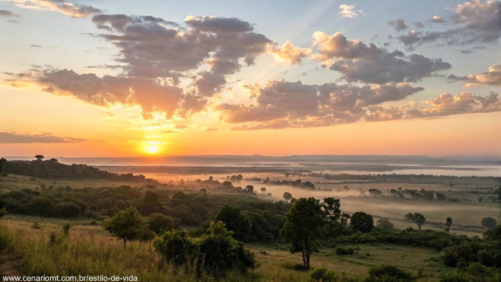 Um lindo amanhecer sobre uma paisagem tranquila com cores suaves e nuvens fofas no céu.