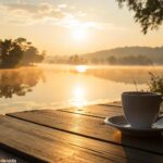 Cena tranquila e acolhedora de uma manhã, com luz dourada suave e o sol nascendo sobre um lago calmo. Uma xícara de café sobre uma mesa de madeira no primeiro plano, simbolizando o início do dia.
