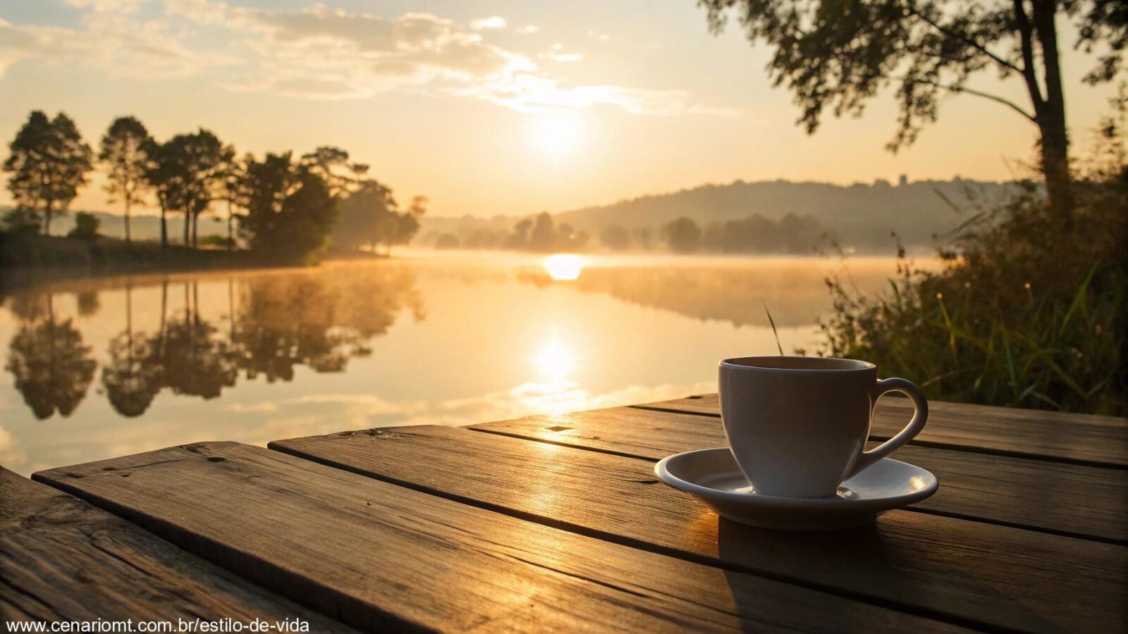 Cena tranquila e acolhedora de uma manhã, com luz dourada suave e o sol nascendo sobre um lago calmo. Uma xícara de café sobre uma mesa de madeira no primeiro plano, simbolizando o início do dia.