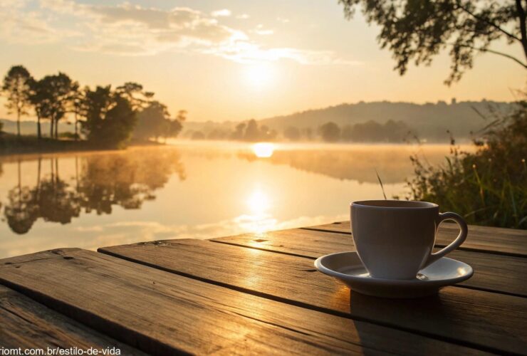 Cena tranquila e acolhedora de uma manhã, com luz dourada suave e o sol nascendo sobre um lago calmo. Uma xícara de café sobre uma mesa de madeira no primeiro plano, simbolizando o início do dia.