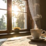 Imagem tranquila de uma manhã com uma xícara de café, luz suave entrando pela janela.