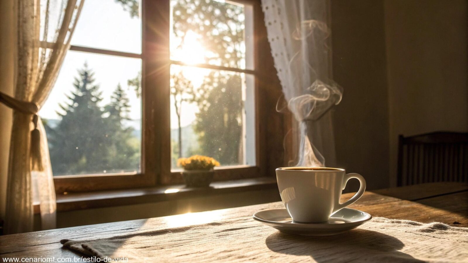 Imagem tranquila de uma manhã com uma xícara de café, luz suave entrando pela janela.