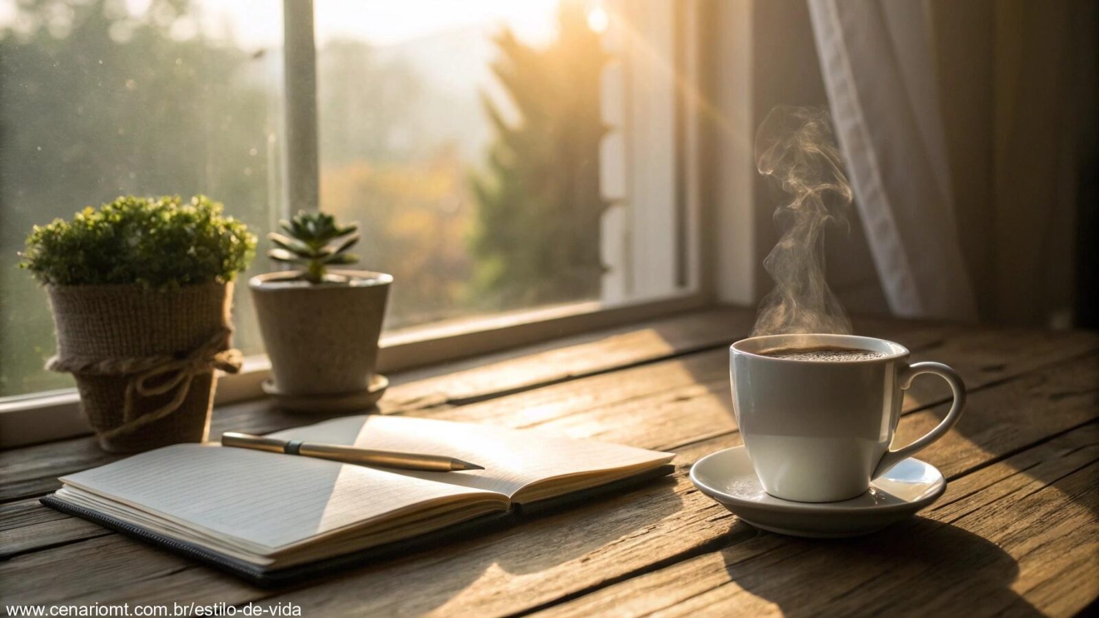 Cena tranquila e serena de manhã com luz suave filtrando pela janela sobre uma mesa de madeira com uma xícara de café fumegante, uma planta em vaso e um caderno aberto.