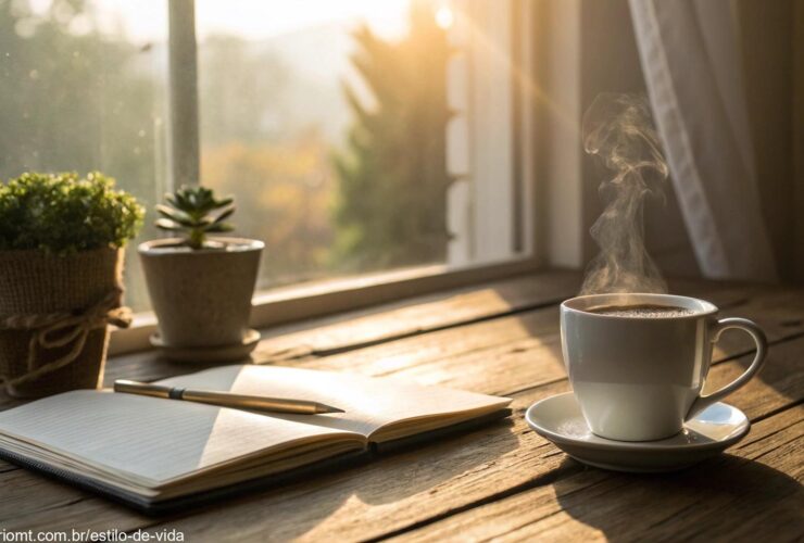 Cena tranquila e serena de manhã com luz suave filtrando pela janela sobre uma mesa de madeira com uma xícara de café fumegante, uma planta em vaso e um caderno aberto.