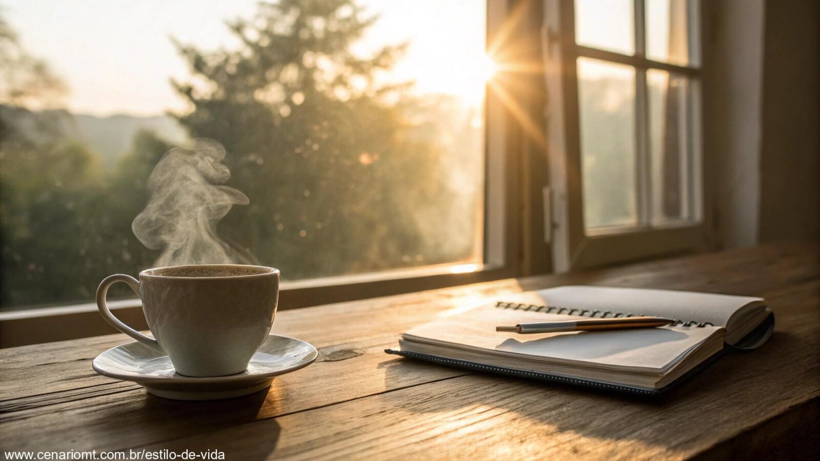 Cena tranquila de manhã com luz suave, uma xícara de café em uma mesa de madeira e um caderno com uma caneta, simbolizando um novo começo para a quarta-feira.