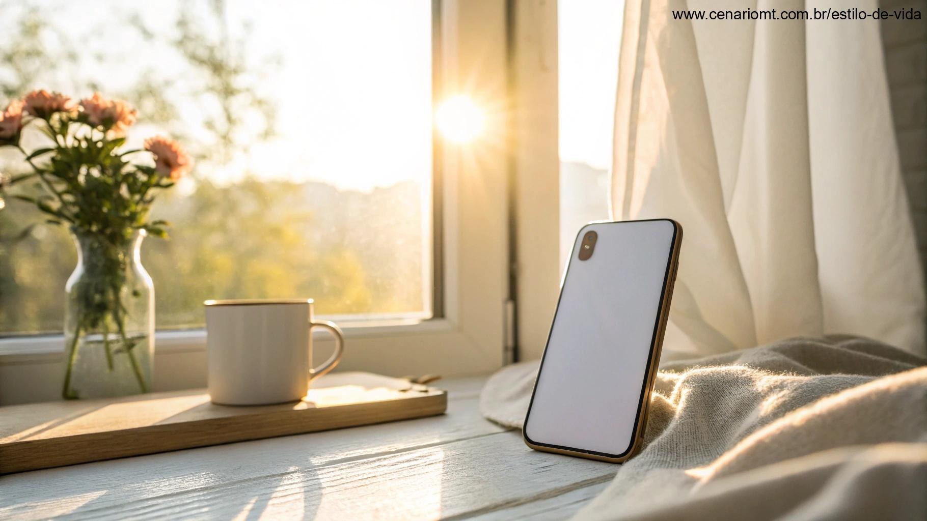 Uma imagem de manhã ensolarada com um celular exibindo uma mensagem simples de 'Bom Dia', com um fundo minimalista e luz natural entrando pela janela.