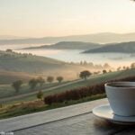 Cena tranquila de manhã com luz suave, uma xícara de café e uma vista bonita de uma paisagem calma, simbolizando um início sereno do dia no sábado.