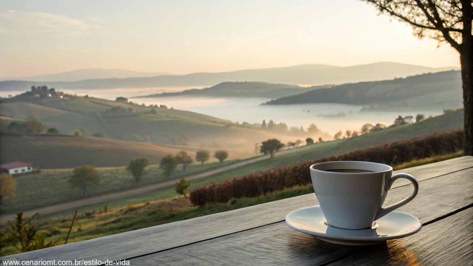 Cena tranquila de manhã com luz suave, uma xícara de café e uma vista bonita de uma paisagem calma, simbolizando um início sereno do dia no sábado.