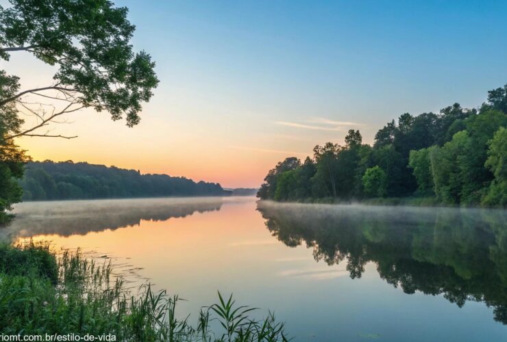 Nascer do sol sereno sobre um lago calmo com cores pastel refletindo na água, cercado por árvores verdes exuberantes e um céu azul claro