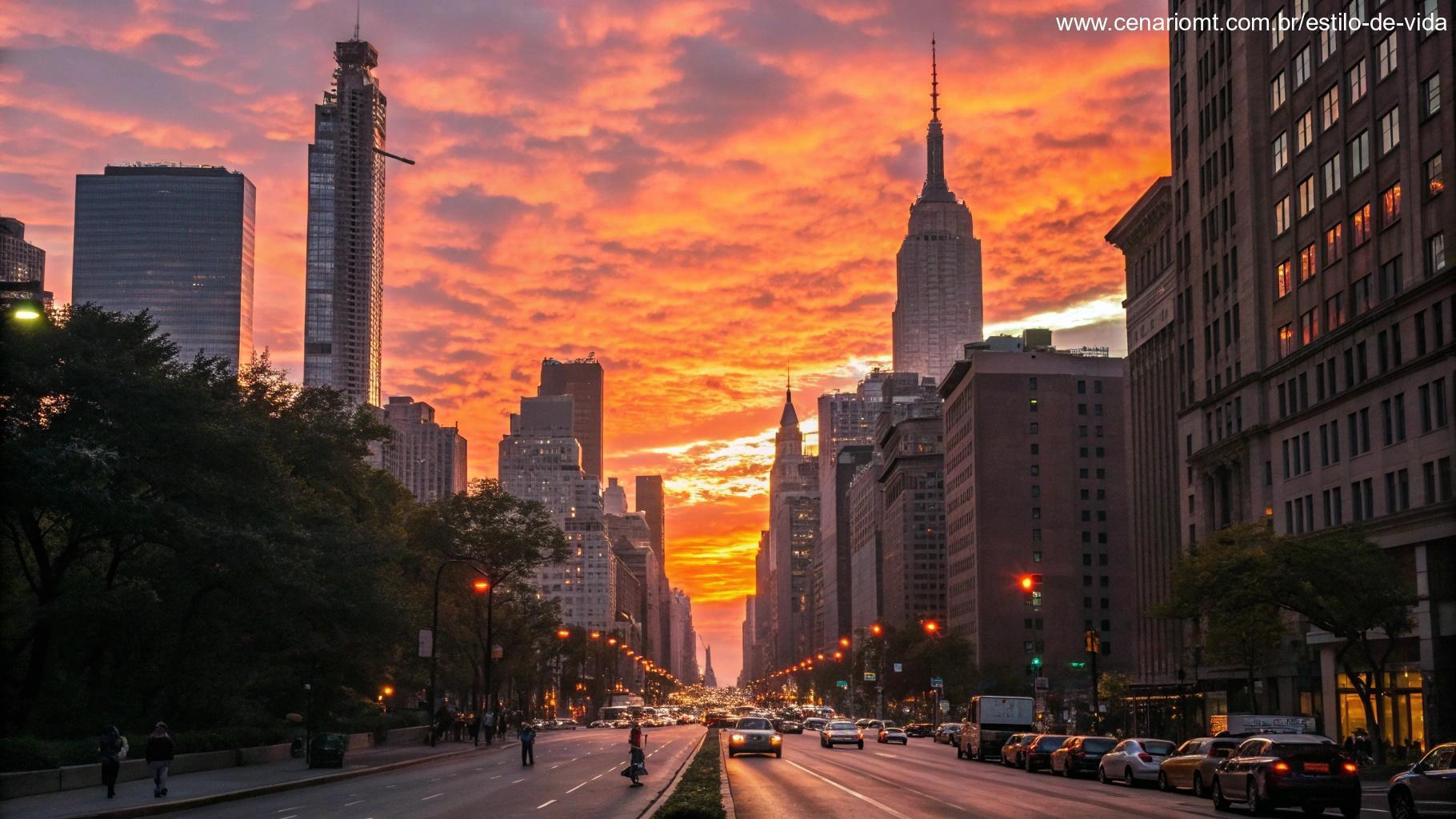 Um amanhecer vibrante sobre uma cidade movimentada, simbolizando novas oportunidades e a empolgação de uma nova semana pela frente.