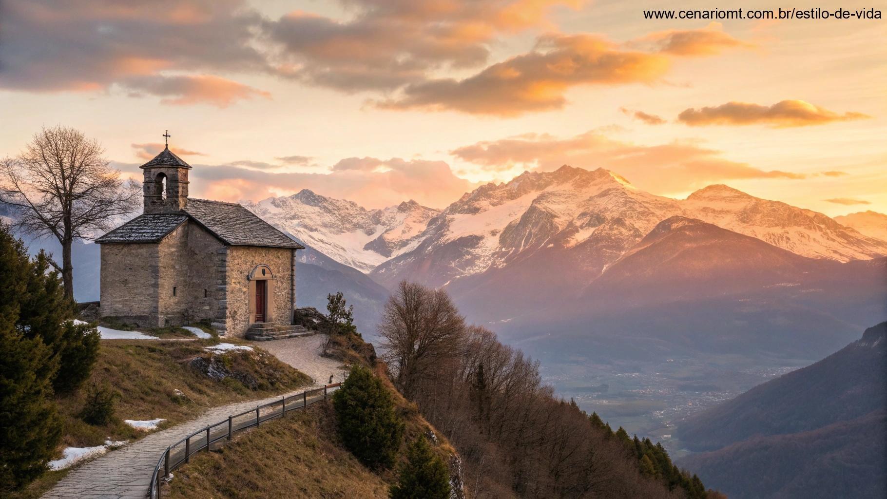 Vista serena da montanha ao amanhecer com uma capela no topo, simbolizando fé e esperança.