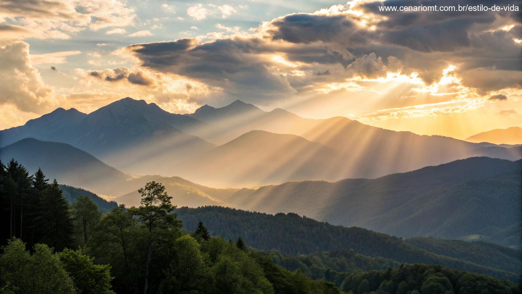 Amanhecer sereno sobre uma cadeia de montanhas, com raios suaves de sol passando pelas nuvens, representando esperança e fé para uma manhã de terça-feira.