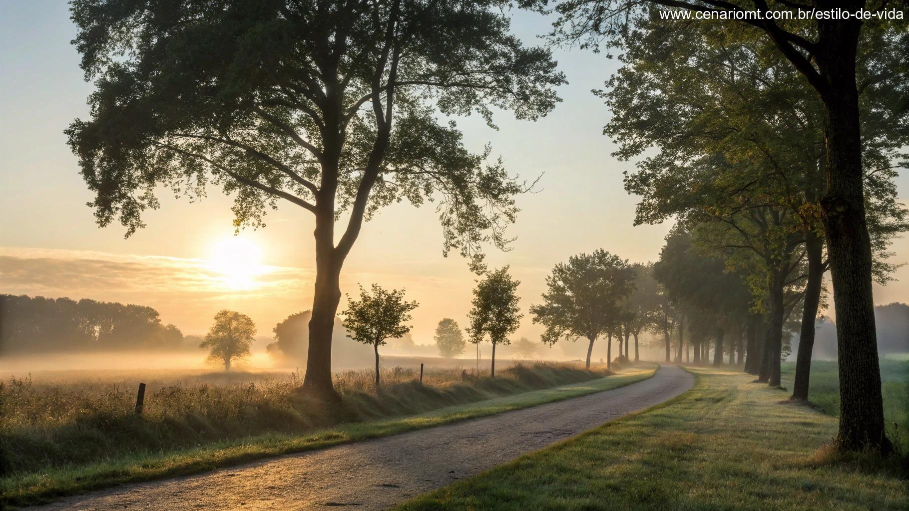 Paisagem matinal tranquila com o nascer do sol, simbolizando paz e esperança.
