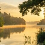 Um nascer do sol sereno sobre um lago calmo com luz dourada refletindo na água, cercado por árvores verdes e uma atmosfera tranquila