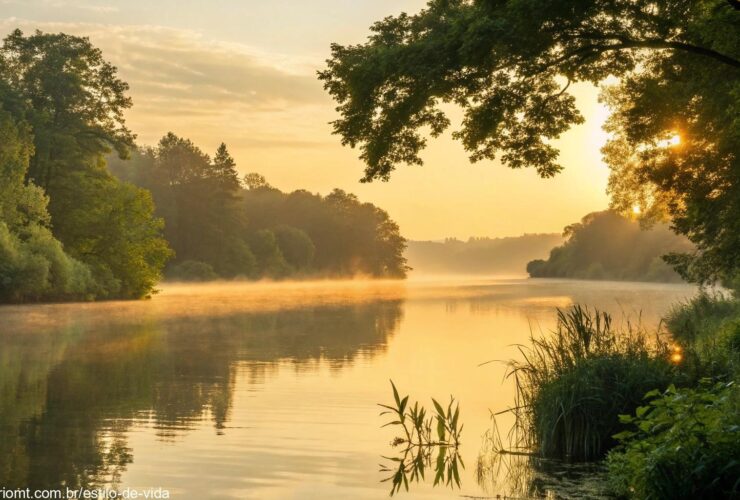 Um nascer do sol sereno sobre um lago calmo com luz dourada refletindo na água, cercado por árvores verdes e uma atmosfera tranquila