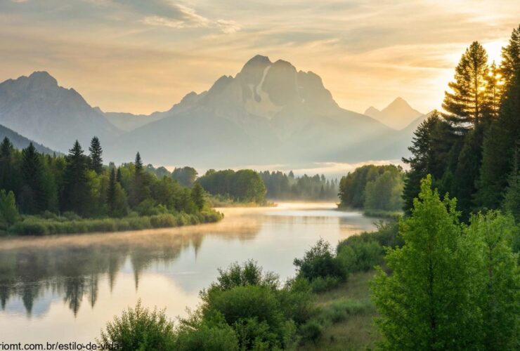 Paisagem tranquila com o nascer do sol sobre um lago calmo, cercado por árvores verdes e montanhas distantes.