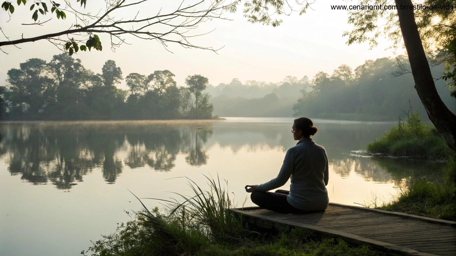 Cena tranquila de uma pessoa meditando à beira de um lago calmo, rodeado pela natureza, simbolizando a paz interior.
