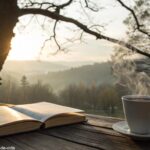 Cena tranquila de manhã com raios de sol passando pelas árvores e uma xícara de café ao lado de um livro aberto.