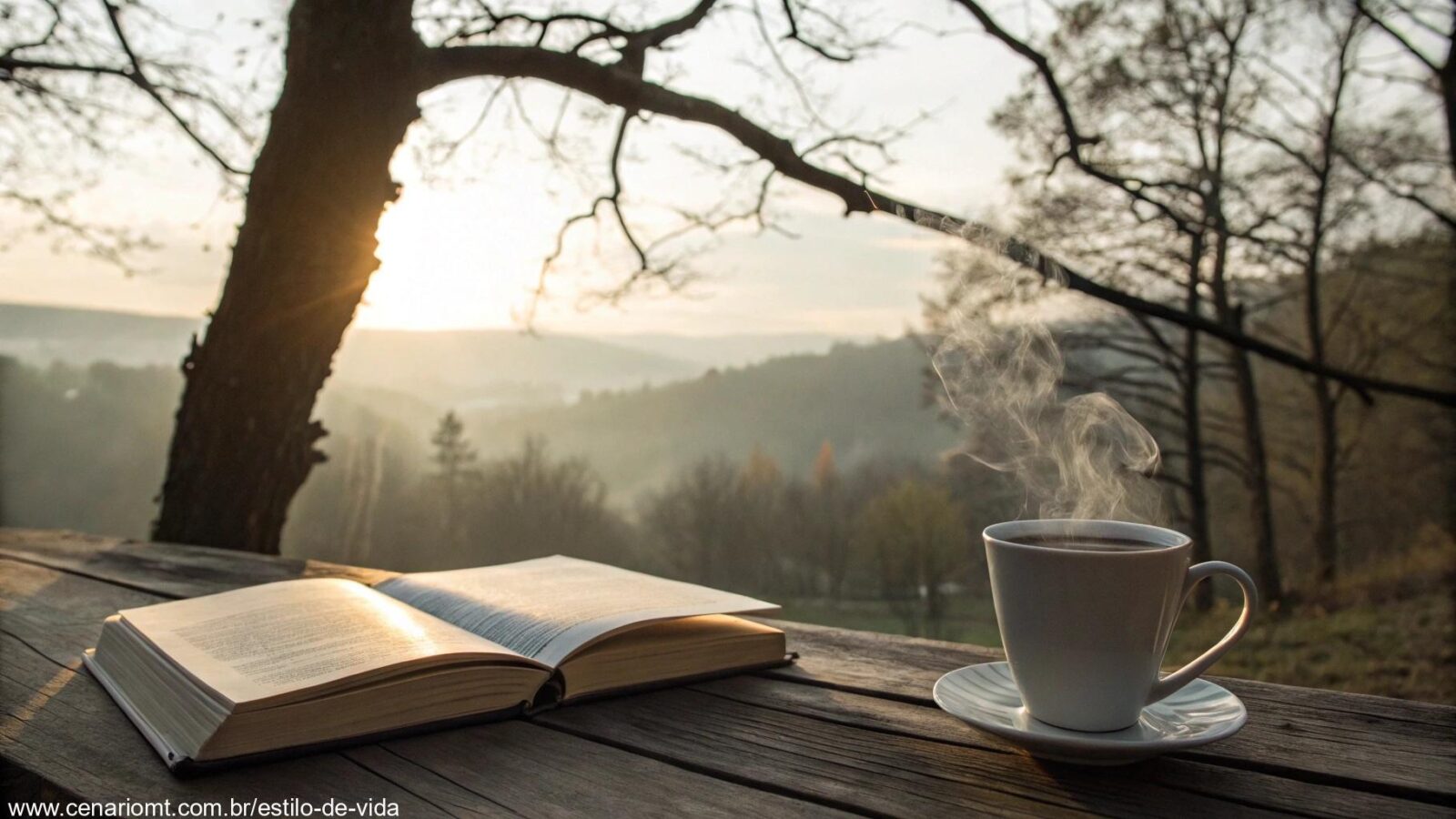 Cena tranquila de manhã com raios de sol passando pelas árvores e uma xícara de café ao lado de um livro aberto.