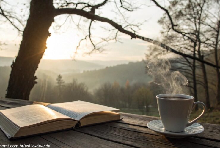 Cena tranquila de manhã com raios de sol passando pelas árvores e uma xícara de café ao lado de um livro aberto.
