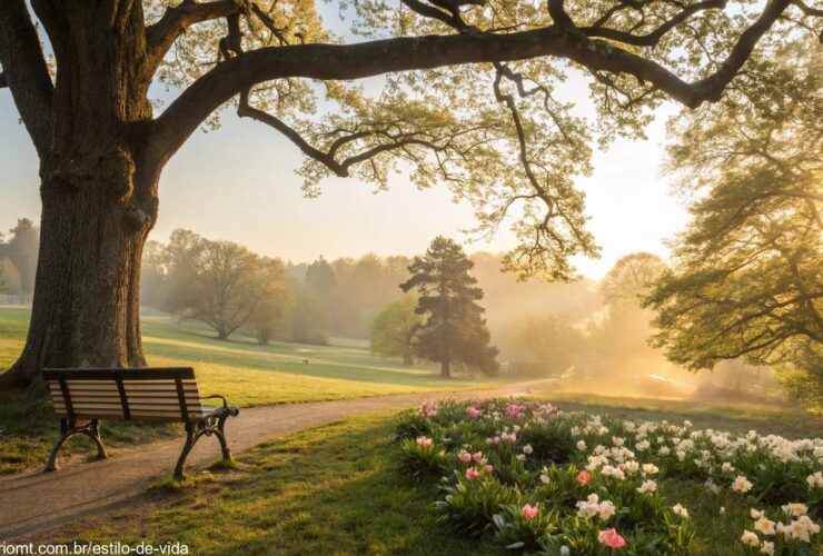 Uma cena serena de domingo com luz dourada suave, um banco de parque sob um carvalho e flores ao redor.