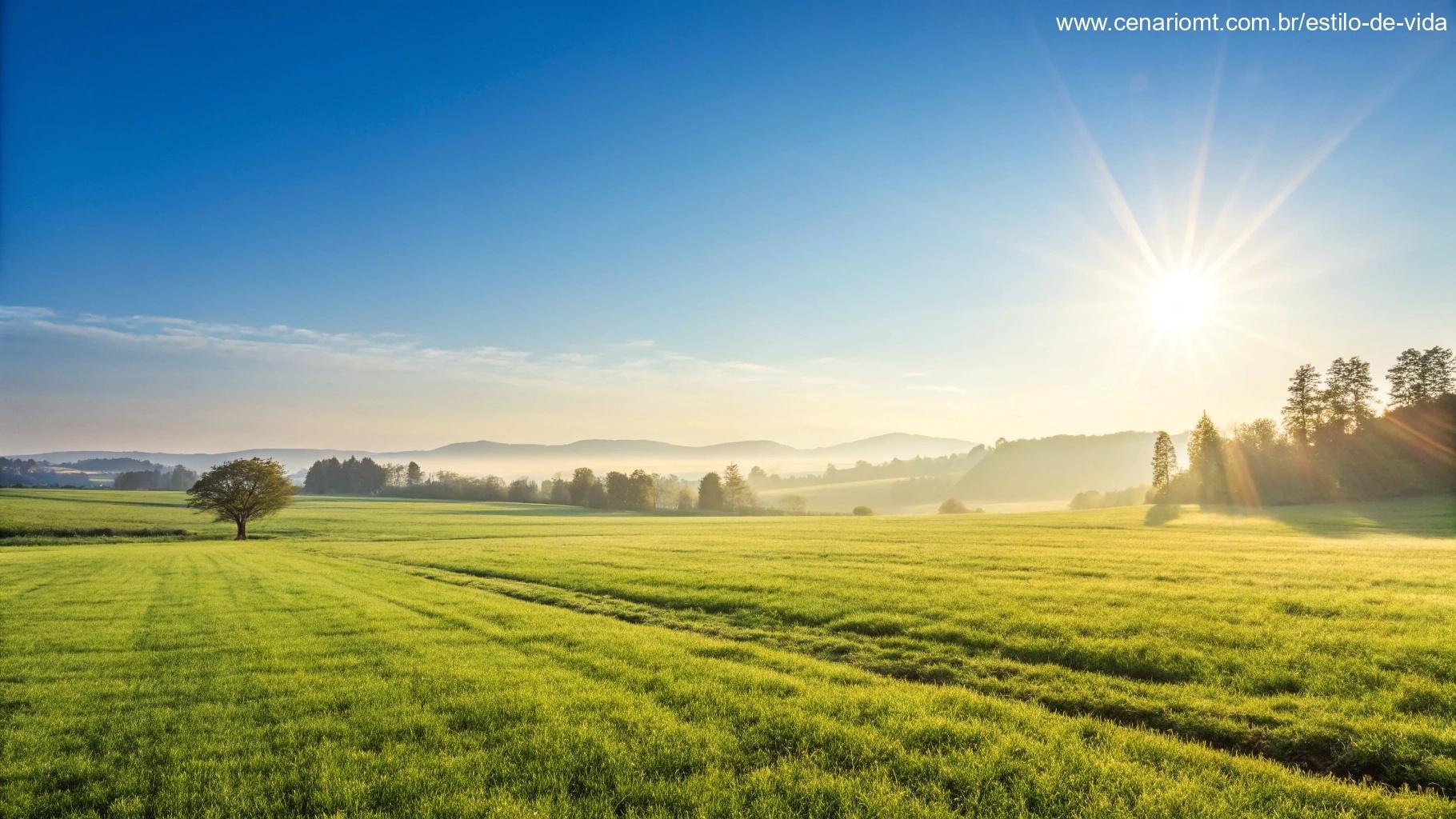 Imagem motivacional de uma manhã com um campo aberto, luz suave e céu azul claro, simbolizando um novo começo e oportunidades para o dia.