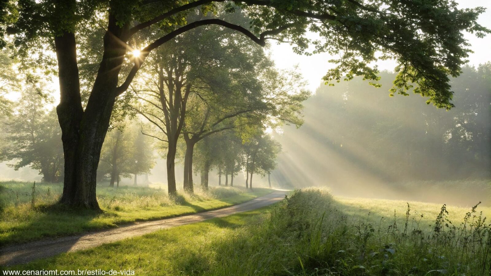Imagem tranquila de uma manhã com luz suave filtrando através das árvores, evocando calma e positividade.