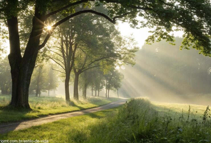 Imagem tranquila de uma manhã com luz suave filtrando através das árvores, evocando calma e positividade.