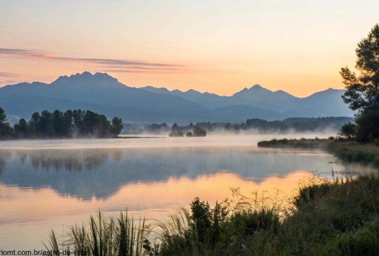Uma imagem de um amanhecer tranquilo sobre um lago calmo, com névoa suave na água e montanhas ao fundo, representando o início de um novo dia e a oportunidade para sabedoria.