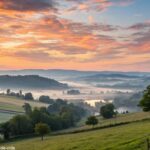 Uma paisagem tranquila ao amanhecer no campo, com cores vibrantes e nuvens suaves, representando a mensagem do dia na quarta-feira, 26 de março de 2025.
